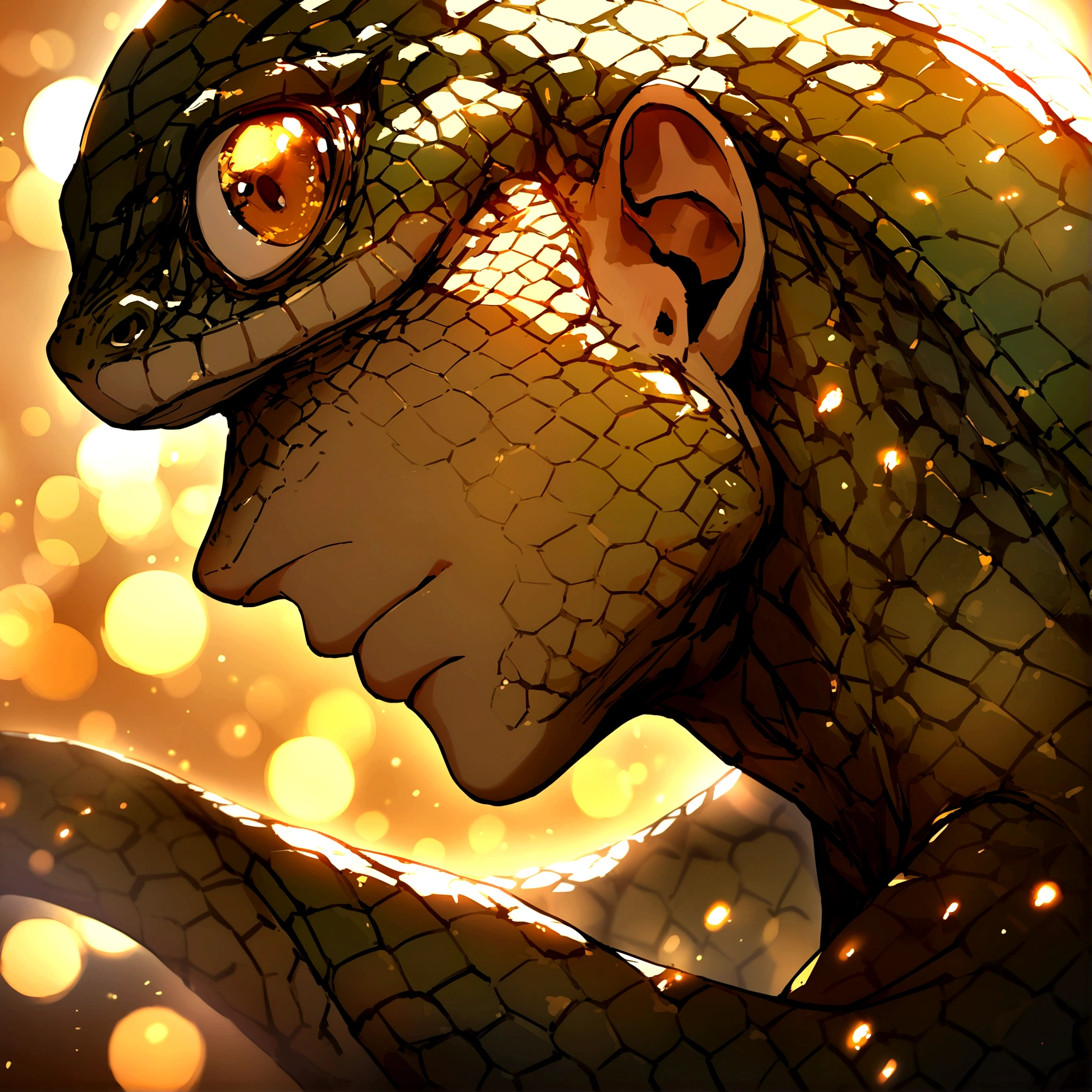 "A stunning close-up portrait of an otherworldly man face of lizard, skin of a lizard. bathed in soft and warm lighting during the golden hour, with a captivating bokeh effect."