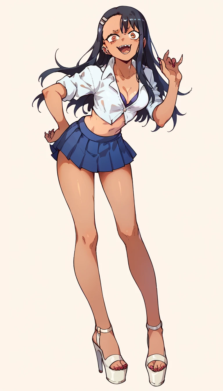 Hayase Nagatoro, dark-skinned, unbuttoned crop-top, braless, blue pleated skirt, clear open-toe platform high heels, red nails 