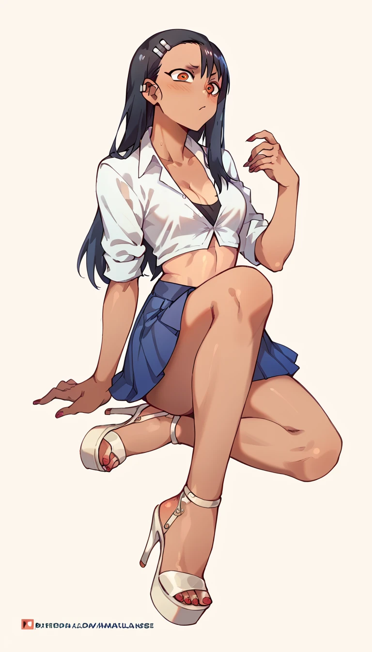 Hayase Nagatoro, dark-skinned, unbuttoned crop-top, braless, blue pleated skirt, clear open-toe platform high heels, red nails 