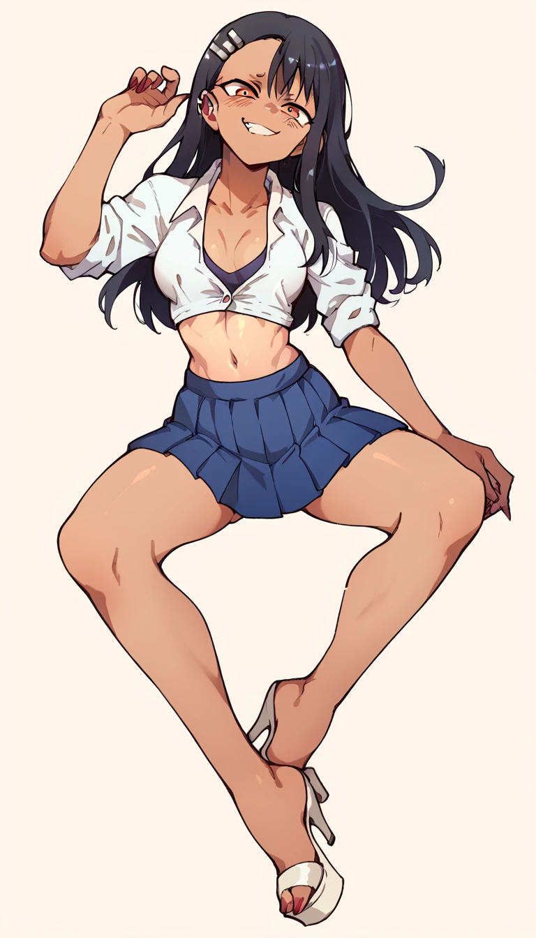 Hayase Nagatoro, dark-skinned, unbuttoned crop-top, braless, blue pleated skirt, clear open-toe platform high heels, red nails 