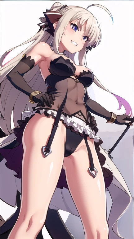 prison, from below, femdom, ((dominatrix)), ((looking down at viewer)), ((from below, completely naked)), female standing, evil grin, bare shoulders, black bustier, black stockings, black g-string, black high heels, Black garter belt, black elbow gloves,
One girl, Long Hair, Purple eyes, chest, looking down at viewer, Ahoge, very Long Hair, large breasts, ribbon, hair ribbon, ponytail, bangs,