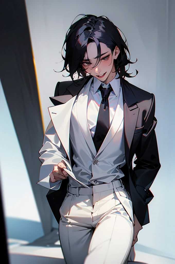 1 boy, black hair, ,white shirt, black slacks, black blazer, on the sheet, (kneel down:1.0),(open clothes:1.5), cool, (sexy:1.8), attractive, evil smile,(chapped lips), pale skin,high quality, high resolution, masterpiece