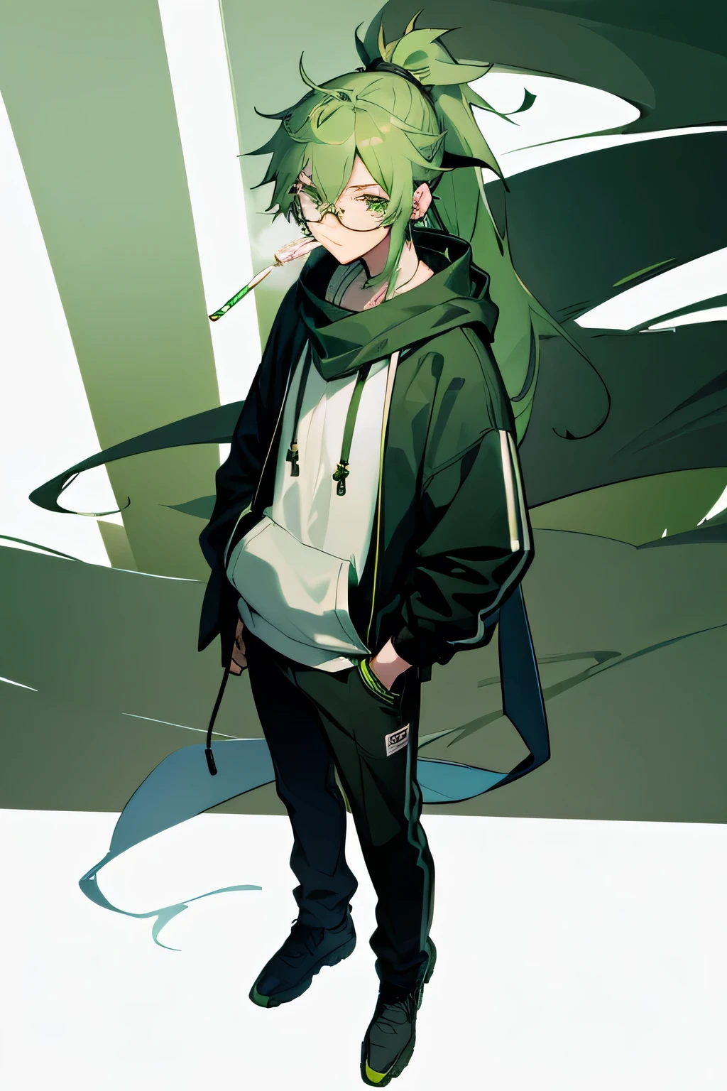 1boy, green hair, green eyes, long hair, ponytail, hoodie, wear headphones around your neck, scarf, glasses, holding a cigarette, are standing, full body