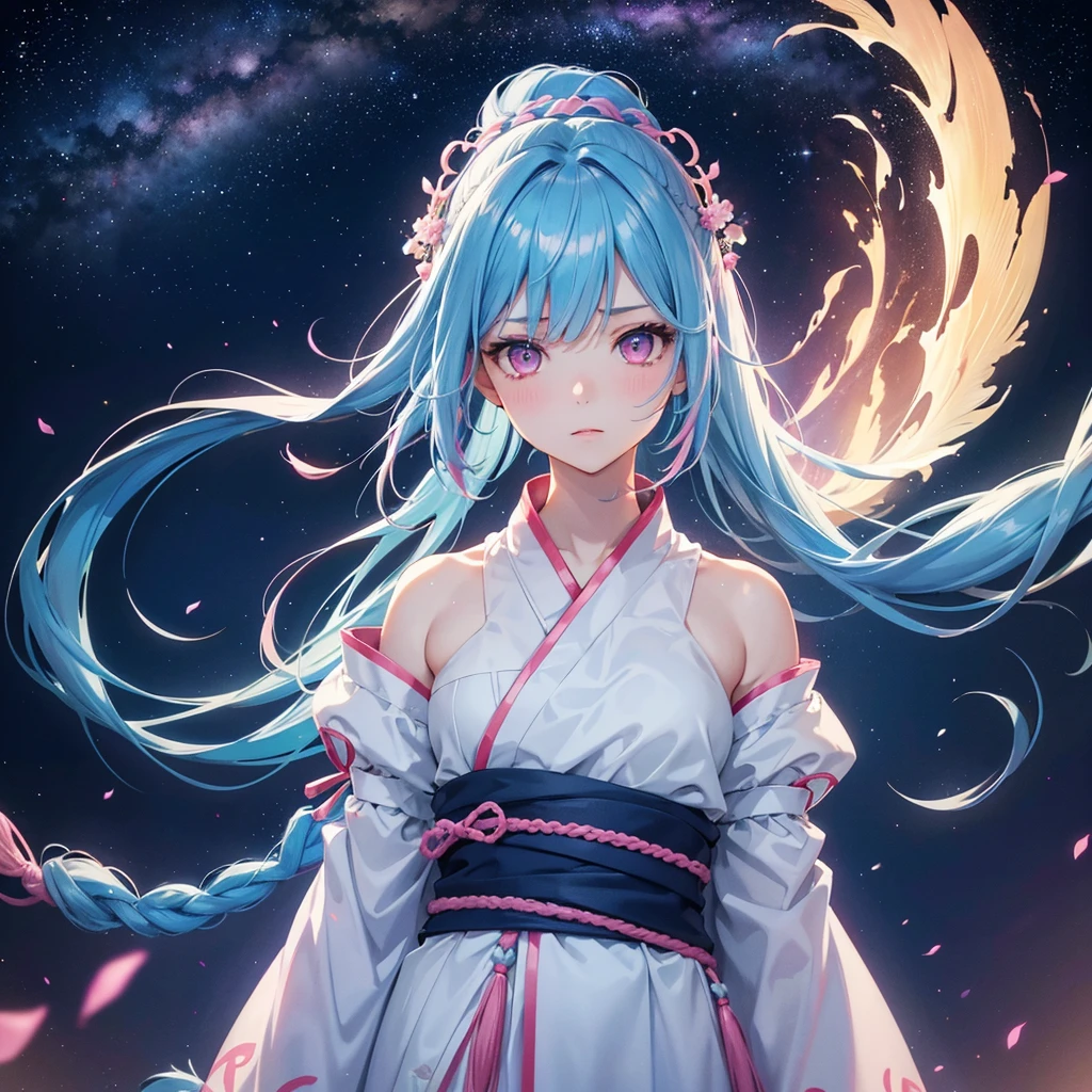 Sky blue hair, Braided Ponytail,(Pink Eyes),Fair skin ,(whole body),(One girl),Hanfu,The goddess,Tanabata,(A beautiful Milky Way in the night sky),Hollow Eyes,Straight bangs,(masterpiece, Highest quality, Very detailed, Best Shadow), (Detailed Background), (Beautifully detailed face), High Contrast, (Best lighting, Very delicate and beautiful), ((Cinematic Light)), colorful, Hyper Detail, Dramatic Light, Intricate details,