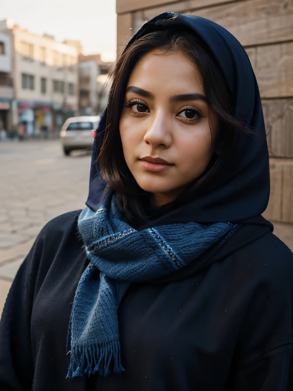 arafed girl in a blue sweater and black jacket, beauty girl, cute face, big eyes, close up, hijab, inspired by Nazmi Ziya Guran, inspired by Shaddy Safadi, inspired by Naza, inspired by Fathi Hassan, shawl, with lovely look, inspired by JoWOnder, handsome girl, inspired by Basuki Abdullah, taken at golden hour, inspired by Ismail Acar, scarf
