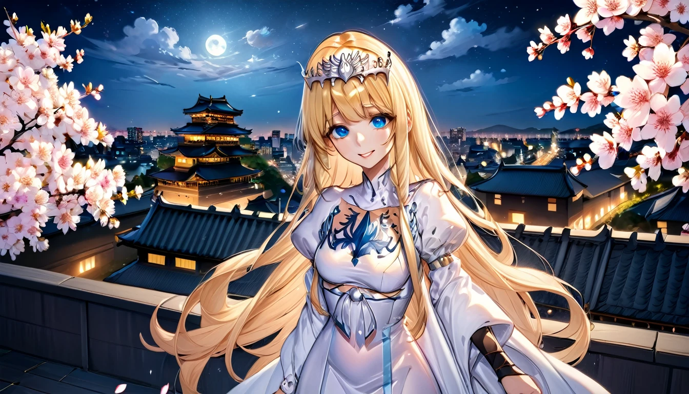 (highest quality, 8k, 32k, masterpiece, Ultra-high resolution),Movies Stills Photogenic ,Adult women, beautiful,petal, good looking, Cherry blossom background, Japan,On the roof of Nagoya Castle,Cherry Blossoms at Night,Fearless smile,   1girl,solo, calca, blonde hair, ,( extremely long hair:1.3), very long hair, extra long hair, (white tiara:1.2), white dress, blue eyes,Calca Bessarez, medium breast, Calca
