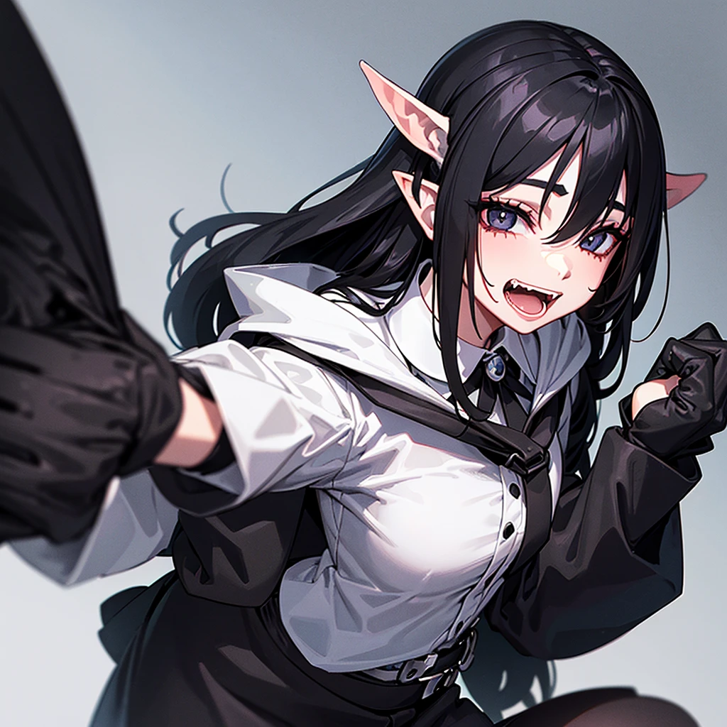 Girl with long black hair, black eyes, elf ears, holding a sycthe in one hand, fangs, wearing a black and white suit