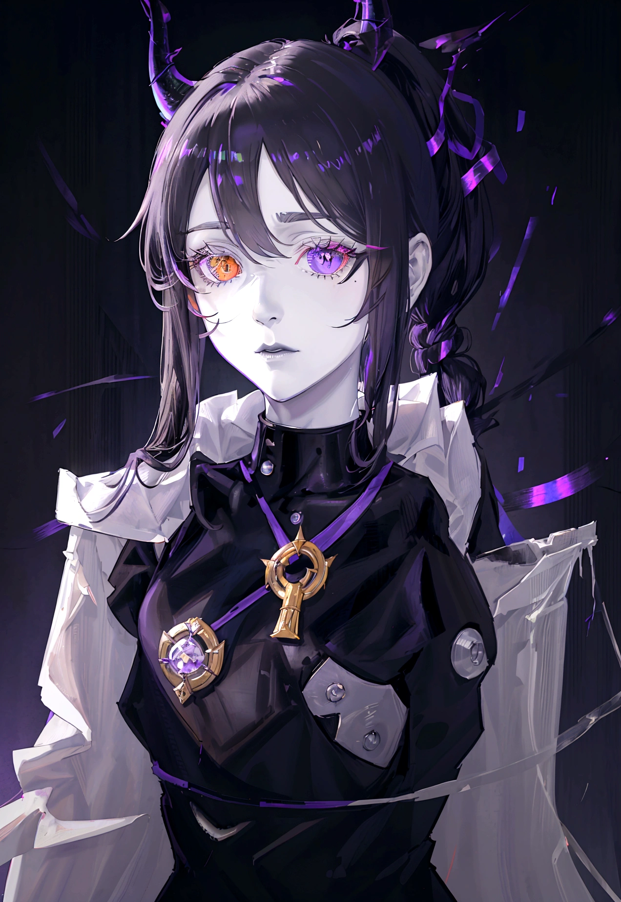 Tall mature woman, indifferent cold expression, heterochromia, purple and grey eyes, black hair gathered in a high ponytail, open bodysuit outfit, marshal's uniform, belts, white and black clothes, goddess, divine light, pale complexion, goddess, dragon horns and tail