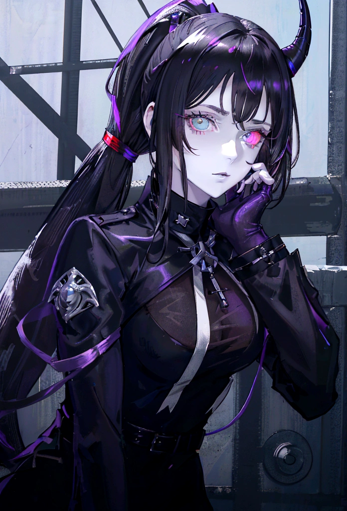 Tall mature woman, indifferent cold expression, heterochromia, purple and grey eyes, black hair gathered in a high ponytail, open bodysuit outfit, marshal's uniform, belts, white and black clothes, goddess, divine light, pale complexion, goddess, dragon horns and tail