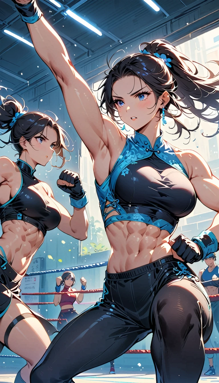 Boxing Match between muscular woman and doing a very high kick, six pack, Pakistani girl, girls in background , Chinese dress crop top, and leggings ,portrait, empty dojo background