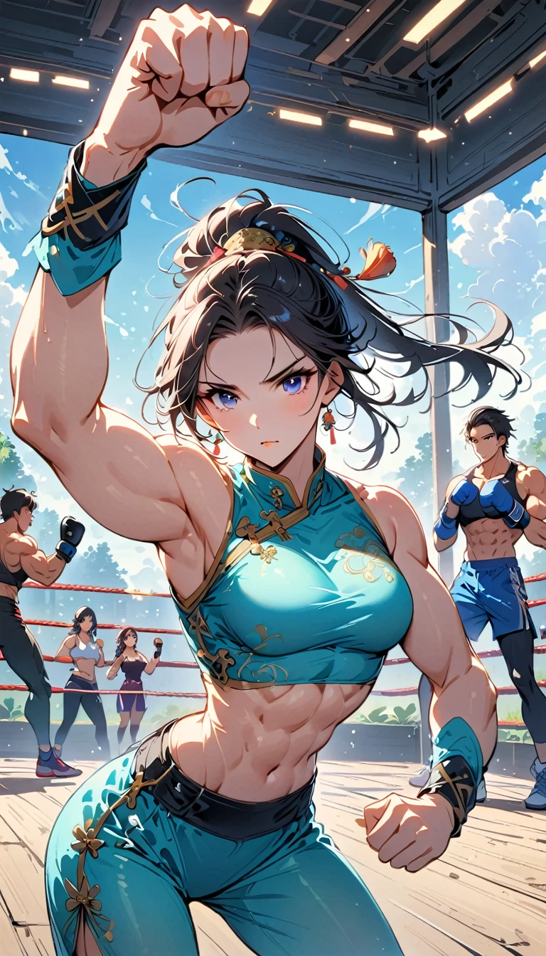 Boxing Match between muscular woman and doing a very high kick, six pack, Pakistani girl, girls in background , Chinese dress crop top, and leggings ,portrait, empty dojo background