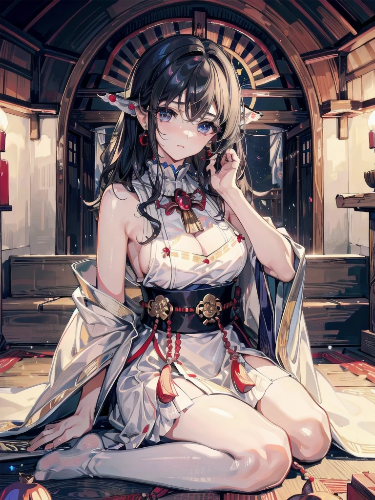 absurdres, RAW photo, extremely delicate and beautiful, masterpiece, Best Quality, ultra high resolution, 32k, hyperrealistic, ultra-detailed, delicate facial features, beautiful detailed woman, tearful mole, earring, medium breasts, full body shot, medium hair, black hair, wavy hair, (shrine maiden),