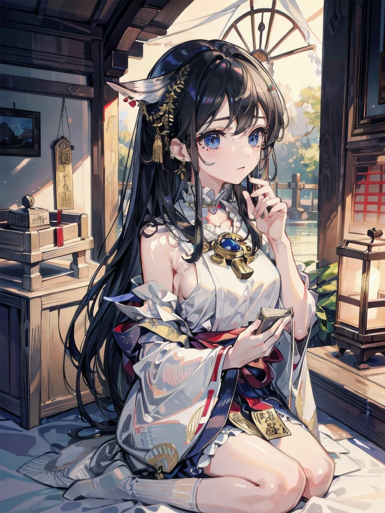 absurdres, RAW photo, extremely delicate and beautiful, masterpiece, Best Quality, ultra high resolution, 32k, hyperrealistic, ultra-detailed, delicate facial features, beautiful detailed woman, tearful mole, earring, medium breasts, full body shot, medium hair, black hair, wavy hair, (shrine maiden),