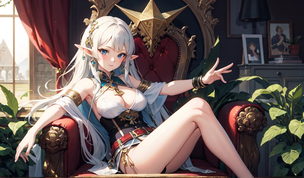 ((Highest quality)), ((masterpiece)), (detailed), 1 Beautiful Elf Woman, sexy,Celtic,pyramid,Throne Chair,Reaching out here
 