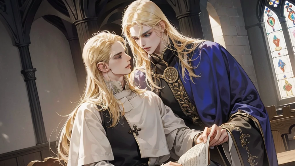 Middle Ages, One, Castlevania Lord handsome, a thin man heads a monastery, beautiful robe, white fabric clothes, A cross hangs around my neck, priest, dynamic pose, super detailed face, long hair, blonde hair, Sharp facial features, adult, handsome man, heavenly eyes, beautiful hands, in a beautiful garden, Gothic church, deep light, detailed face, A thoughtful look , beautiful fingers