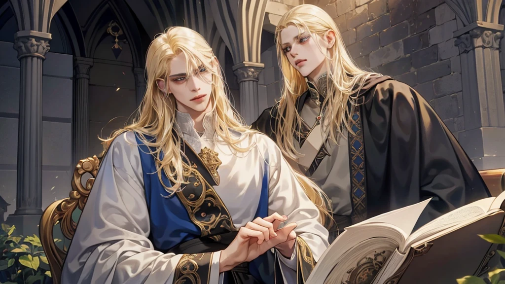 Middle Ages, One, Castlevania Lord handsome, a thin man heads a monastery, beautiful robe, white fabric clothes, A cross hangs around my neck, priest, dynamic pose, super detailed face, long hair, blonde hair, Sharp facial features, adult, handsome man, heavenly eyes, beautiful hands, in a beautiful garden, Gothic church, deep light, detailed face, A thoughtful look , beautiful fingers