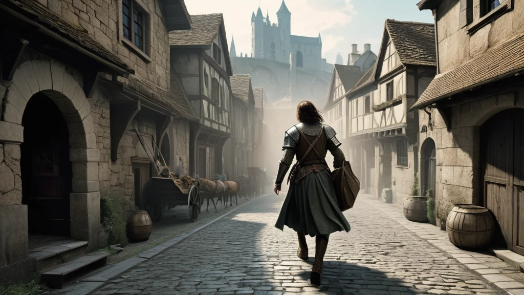 In the bustling medieval city, a boy with medium-length hair sprints through narrow cobblestone streets. His breath comes in ragged gasps as he dodges market stalls and skirts around horse-drawn carts. With a satchel bouncing against his hip, he glances nervously over his shoulder, fear etched in his features. Above him, the towering stone walls of the city seem to close in, echoing the distant shouts of pursuers