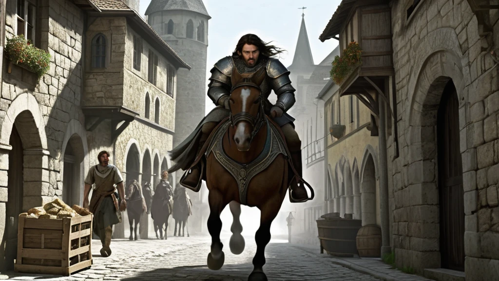 In the bustling medieval city, a boy with medium-length hair sprints through narrow cobblestone streets. His breath comes in ragged gasps as he dodges market stalls and skirts around horse-drawn carts. With a satchel bouncing against his hip, he glances nervously over his shoulder, fear etched in his features. Above him, the towering stone walls of the city seem to close in, echoing the distant shouts of pursuers