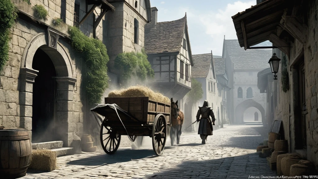 In the bustling medieval city, a boy with medium-length hair sprints through narrow cobblestone streets. His breath comes in ragged gasps as he dodges market stalls and skirts around horse-drawn carts. With a satchel bouncing against his hip, he glances nervously over his shoulder, fear etched in his features. Above him, the towering stone walls of the city seem to close in, echoing the distant shouts of pursuers