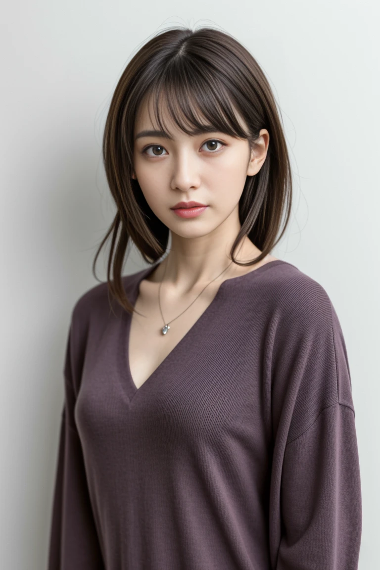 (Highly realistic photos, High resolution, detailed face, fine eyes), Taken in front of a white wall、japanese woman, 40 years old, Variety of facial expressions, alone:1, slim figure, different hairstyles, casual clothes, Alone in a photo、long sleeve dress、Shot in natural light、simple necklace、Spring clothes、Don't look at the camera、profile、Dark brown hair color
