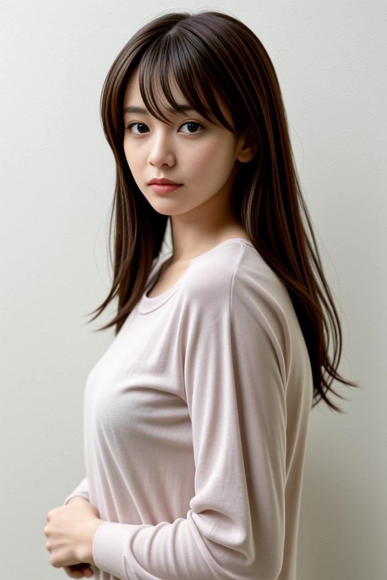 (Highly realistic photos, High resolution, detailed face, fine eyes), Taken in front of a white wall、japanese woman, 40 years old, Variety of facial expressions, alone:1, slim figure, different hairstyles, casual clothes, Alone in a photo、long sleeve dress、Shot in natural light、simple necklace、Spring clothes、Don't look at the camera、profile、Dark brown hair color
