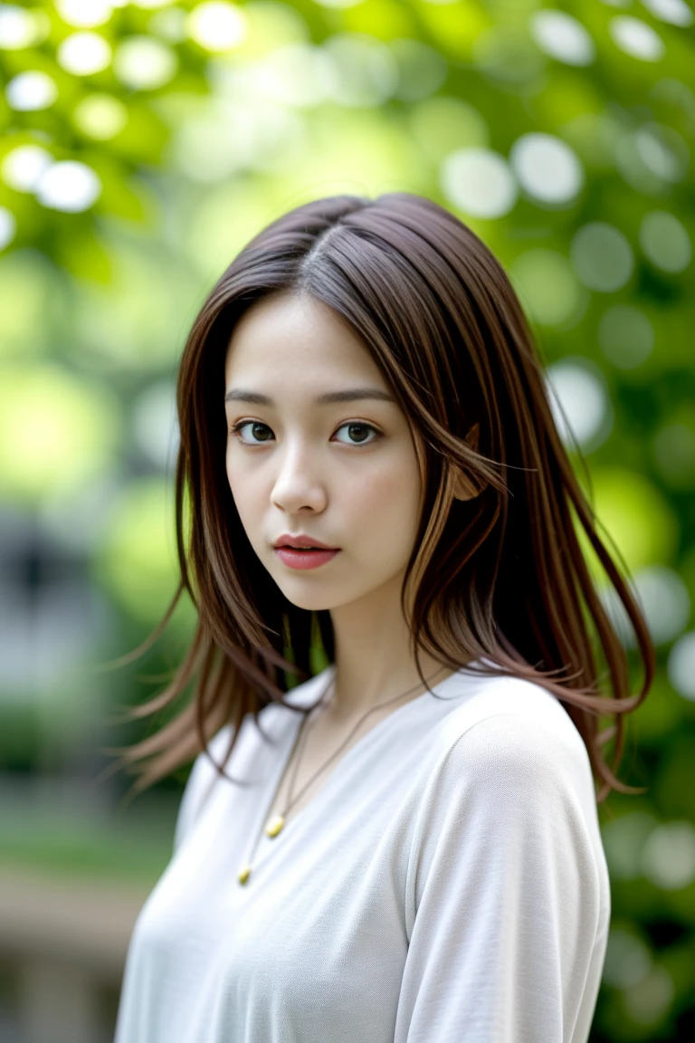 (Highly realistic photos, High resolution, detailed face, fine eyes), Taken in front of a white wall、japanese woman, 40 years old, Variety of facial expressions, alone:1, slim figure, different hairstyles, casual clothes, Alone in a photo、long sleeve dress、Shot in natural light、simple necklace、Spring clothes、Don't look at the camera、profile、Dark brown hair color
