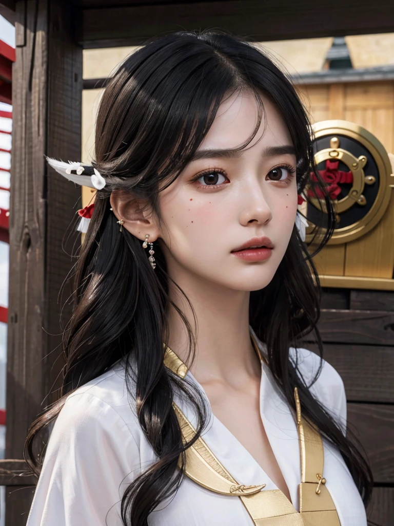 absurdres, RAW photo, extremely delicate and beautiful, masterpiece, Best Quality, ultra high resolution, 32k, hyperrealistic, ultra-detailed, delicate facial features, beautiful detailed woman, tearful mole, earring, medium breasts, full body shot, medium hair, black hair, wavy hair, ((shrine maiden)),