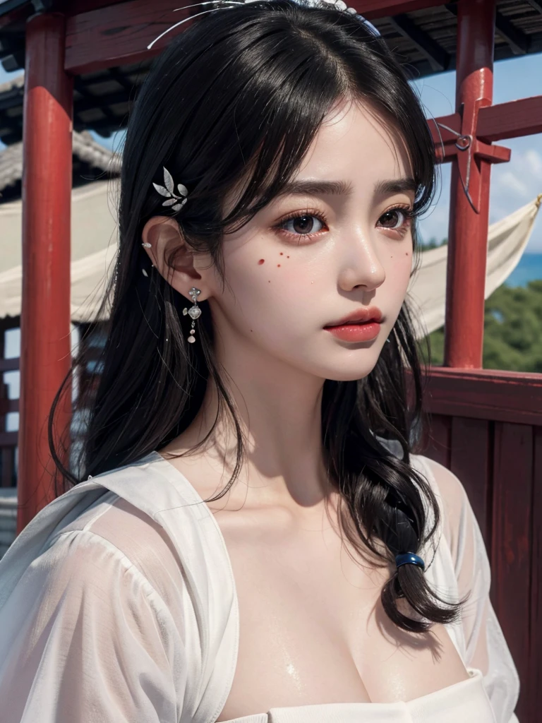 absurdres, RAW photo, extremely delicate and beautiful, masterpiece, Best Quality, ultra high resolution, 32k, hyperrealistic, ultra-detailed, delicate facial features, beautiful detailed woman, tearful mole, earring, medium breasts, full body shot, medium hair, black hair, wavy hair, ((shrine maiden)),