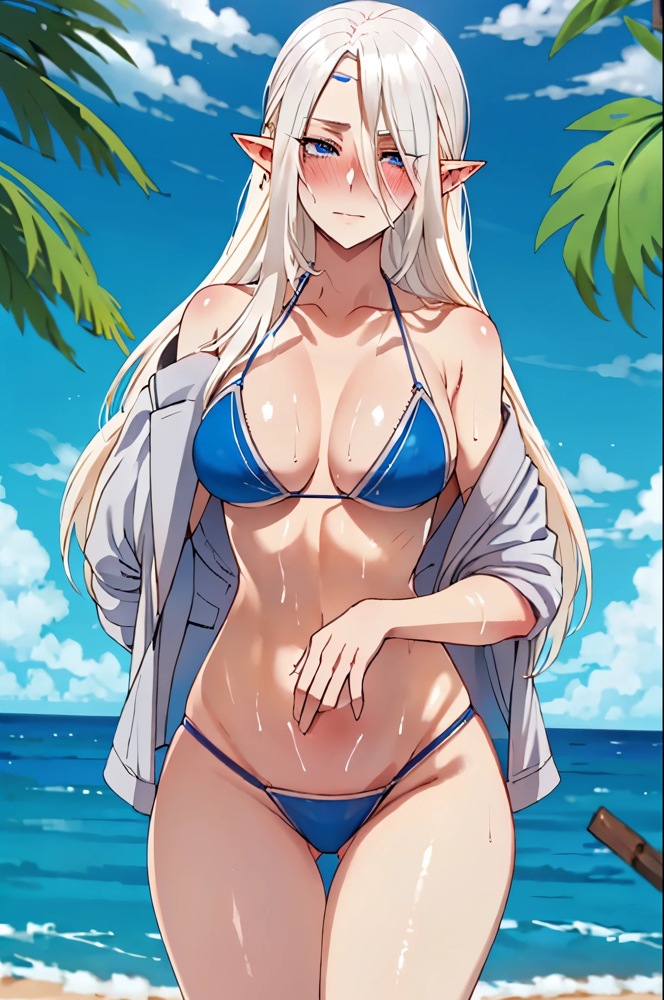 platinum hair,,long hair,blue eyes,pointy ears,elf,tall,((bikini)),(((blush,sensual,tempting))),blush,wet,sweat,on the be
