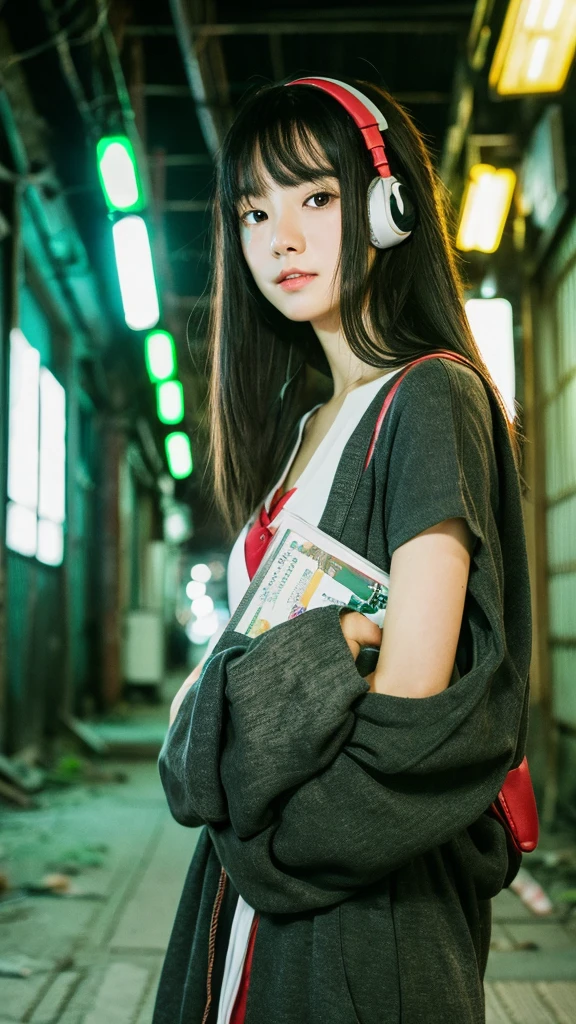 (One Girl),Japan at 25,Medium black hair with some green highlights、 I have a few freckleicro Bikini、Standing full-body photo、White headphones with a complex shape,in the abandoned building、Night Photo、Great face and eyes, ((Highest quality)), (Super detailed), (Very detailed CG 統合 8k 壁紙), Very detailed, High-resolution RAW color photos, Professional photography,