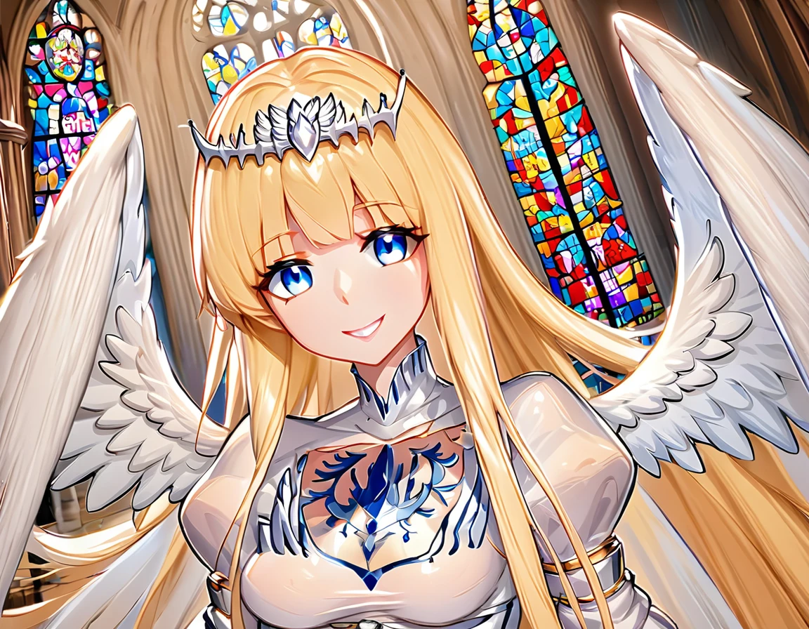 1angel,solo, calca, blonde hair, ,( extremely long hair:1.3), very long hair, extra long hair, white tiara, white dress, blue eyes,Calca Bessarez, medium breast,Calca, indoor, church, cathedral, stained glass, close up, upper body, (extremely large white wings:1.5), very big angel feature wings, smile, happy