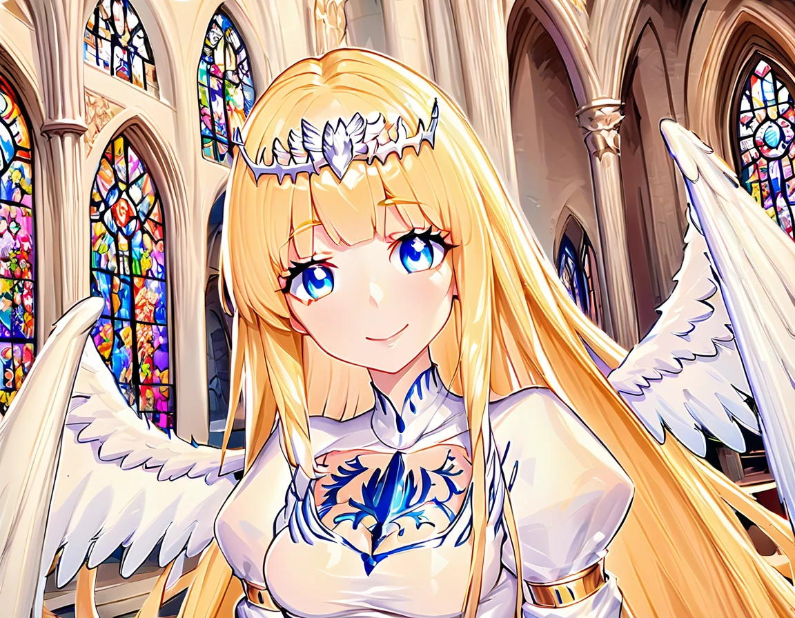 1angel,solo, calca, blonde hair, ,( extremely long hair:1.3), very long hair, extra long hair, white tiara, white dress, blue eyes,Calca Bessarez, medium breast,Calca, indoor, church, cathedral, stained glass, close up, upper body, (extremely large white wings:1.5), very big angel feature wings, smile, happy