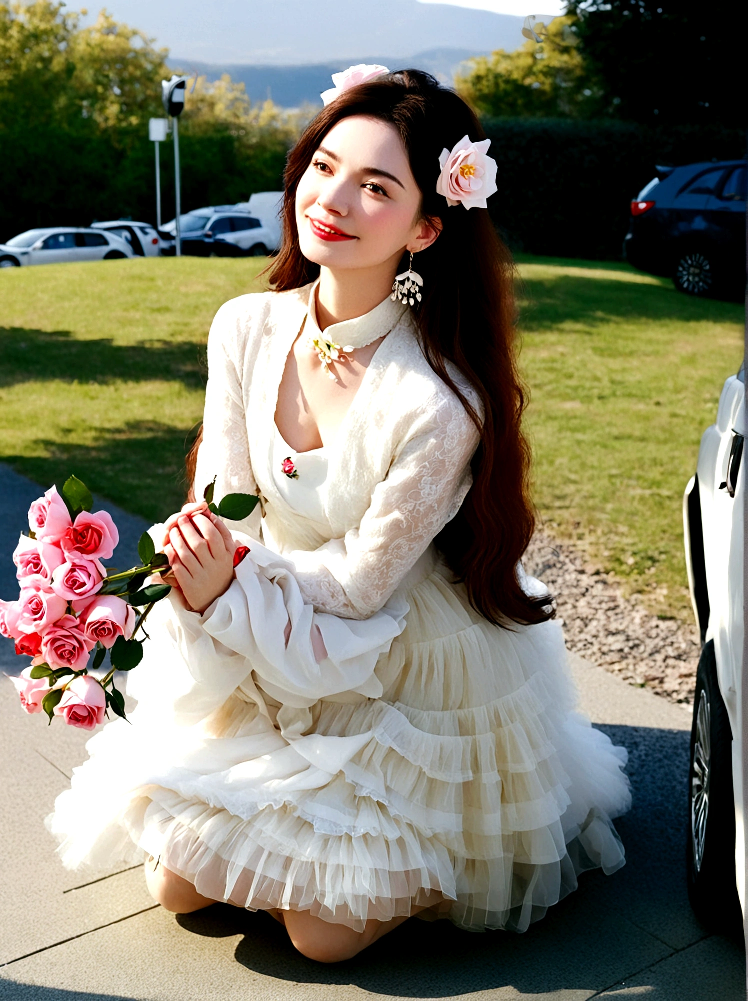 1girl, solo, long hair, looking at viewer, smile, brown hair, black hair, long sleeves, dress, jewelry, flower, earrings, white dress, kneeling, shadow, rose, ground vehicle, motor vehicle, pink flower, realistic