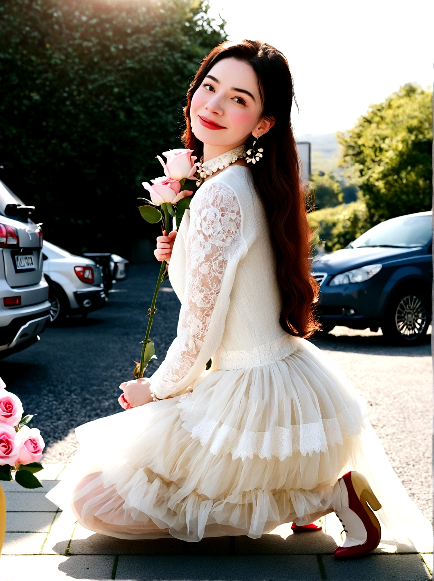 1girl, solo, long hair, looking at viewer, smile, brown hair, black hair, long sleeves, dress, jewelry, flower, earrings, white dress, kneeling, shadow, rose, ground vehicle, motor vehicle, pink flower, realistic