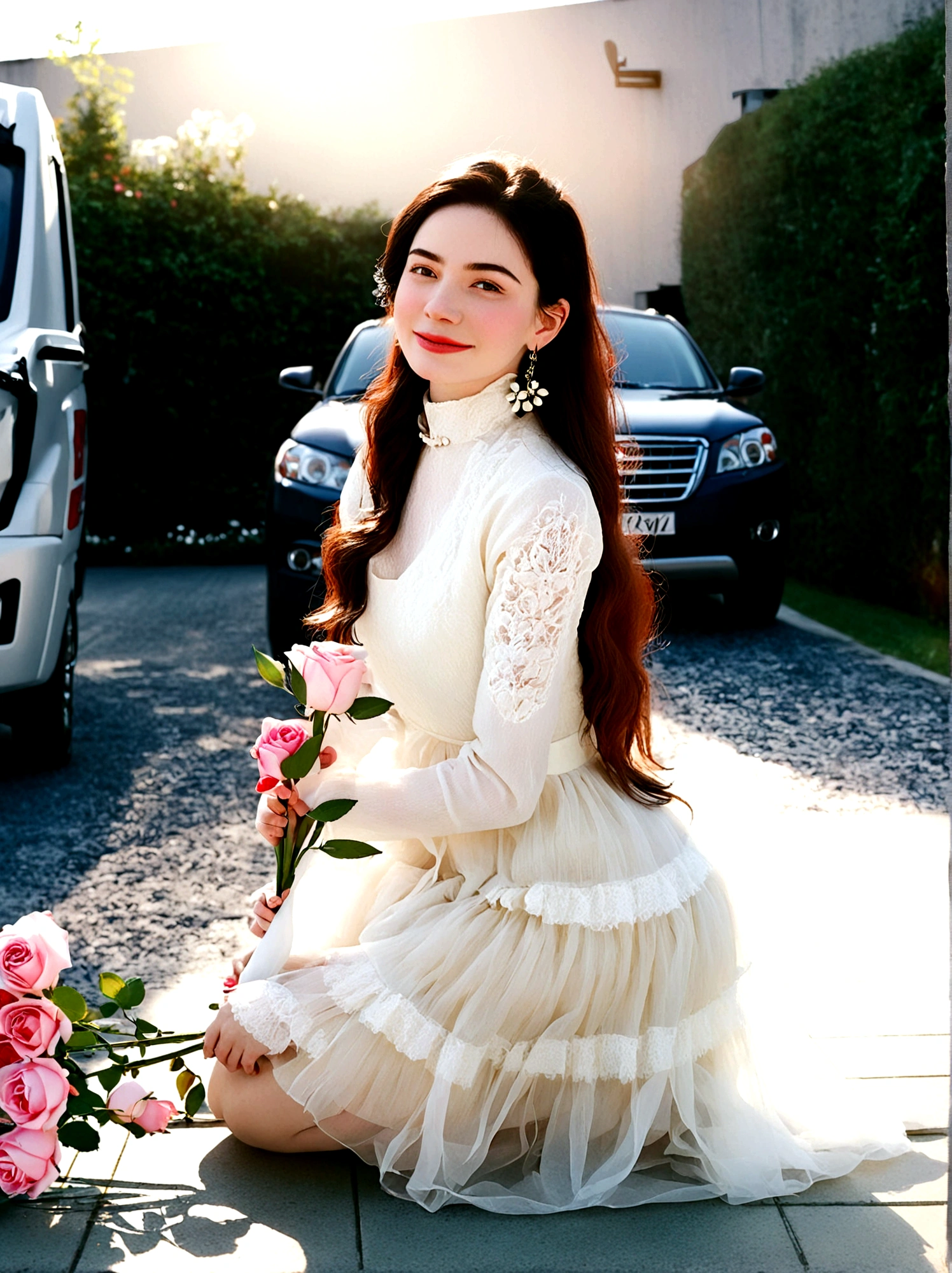 1girl, solo, long hair, looking at viewer, smile, brown hair, black hair, long sleeves, dress, jewelry, flower, earrings, white dress, kneeling, shadow, rose, ground vehicle, motor vehicle, pink flower, realistic