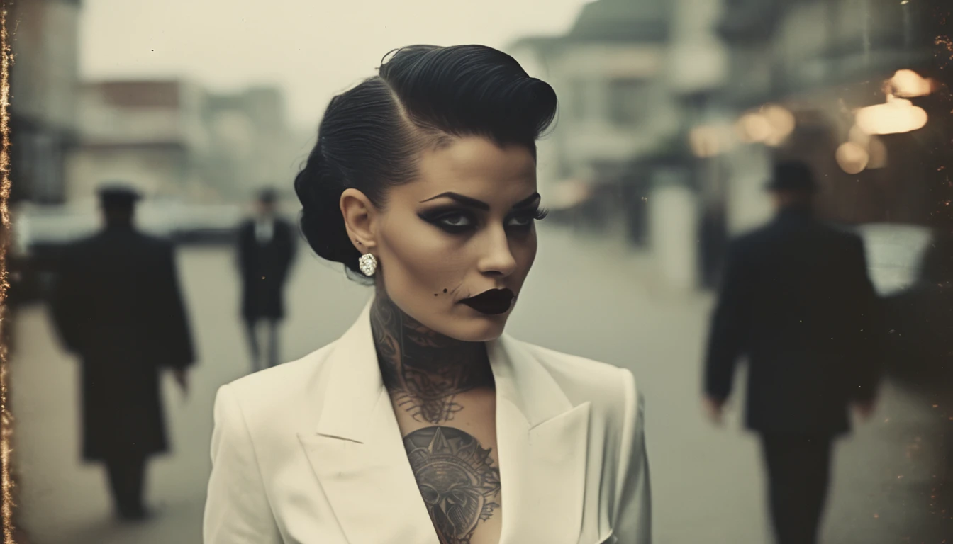 35mm vintage street photo of a powerful beautiful lady, extremely beautiful, slick back hair, gangster, neck tattoo, face tattoo, head up, white suit, white shirt,evil laugh, determined eyes, glowing eyes, proud, scary, eerie, dark, lucifer, in the street, bokeh, professional