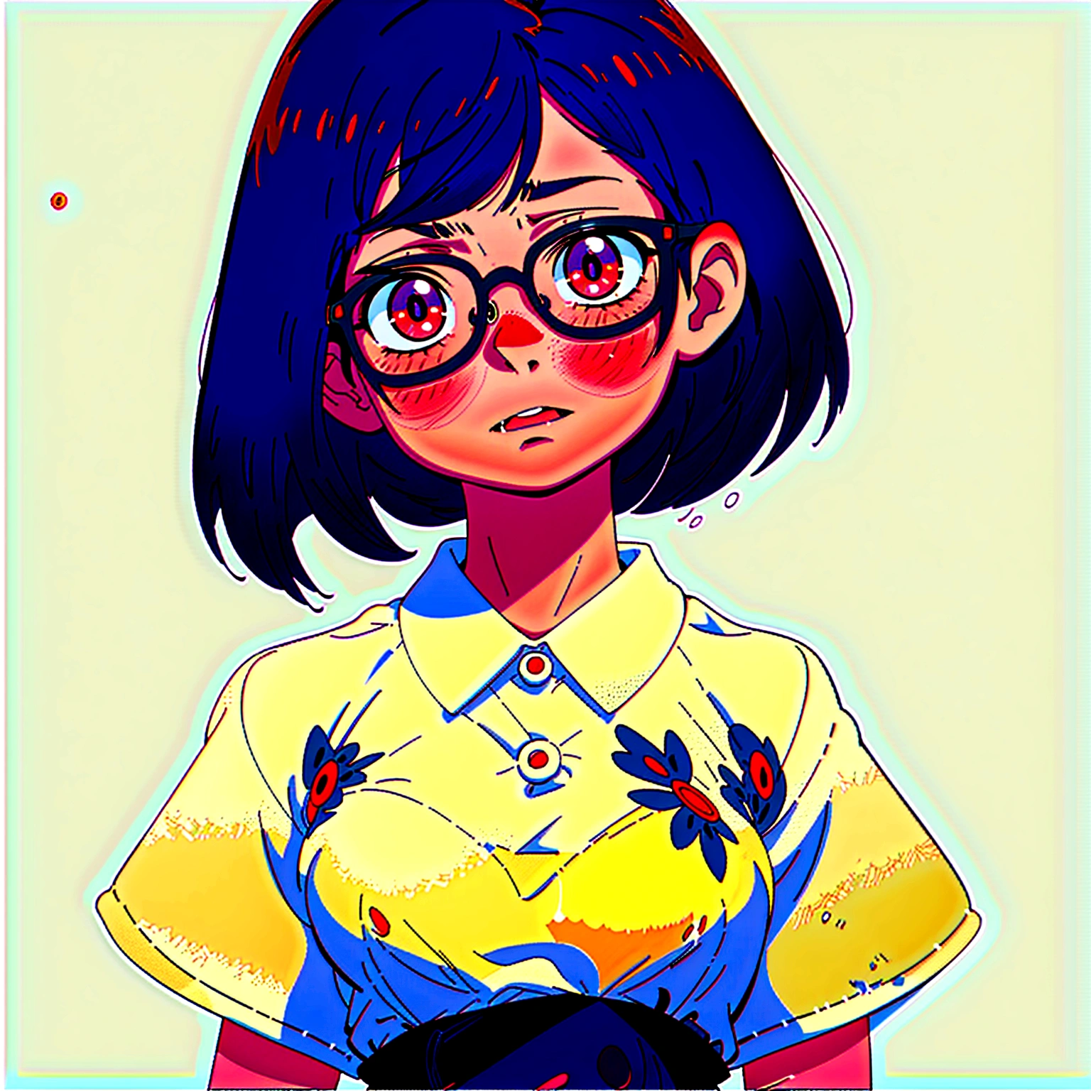A bob-cut elementary school girl wearing glasses, black eye, no wearing, Touching breasts, looking up, White skin, large breasts, looking up, black hair, Open mouth, kiss, sad