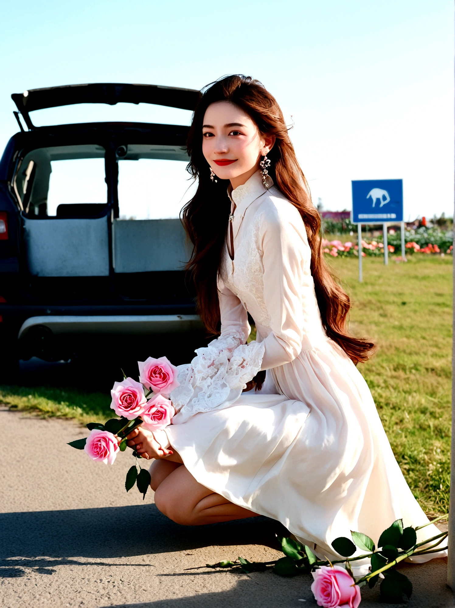 1girl, solo, long hair, looking at viewer, smile, brown hair, black hair, long sleeves, dress, jewelry, flower, earrings, white dress, kneeling, shadow, rose, ground vehicle, motor vehicle, pink flower, realistic