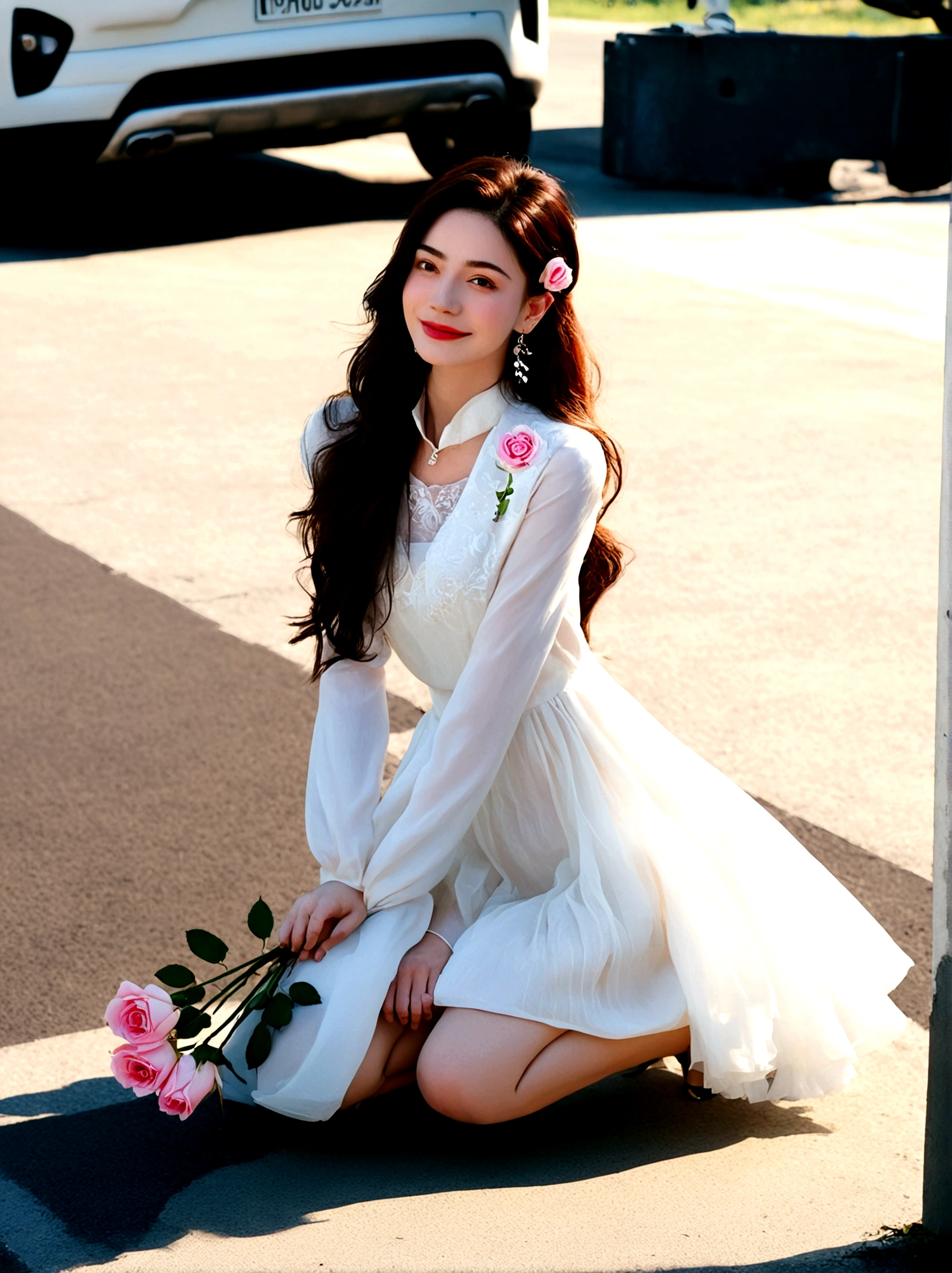 1girl, solo, long hair, looking at viewer, smile, brown hair, black hair, long sleeves, dress, jewelry, flower, earrings, white dress, kneeling, shadow, rose, ground vehicle, motor vehicle, pink flower, realistic