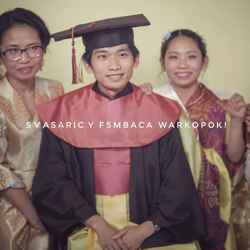 The image captures a touching moment from a family celebrating graduation. The graduate sat between his mother and older sister, the mother and brother wore traditional Indonesian batik clothes. proudly posing for a photo, with graduates at the center of their excitement.