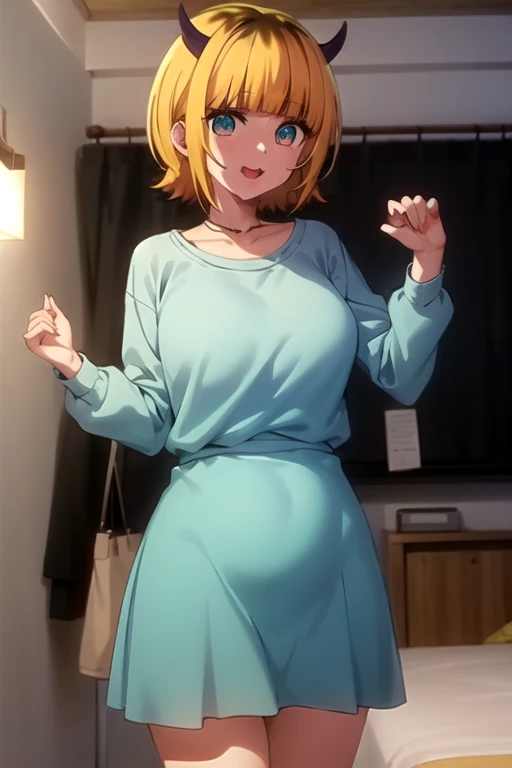 Highest quality, masterpiece, detailed,
memcho,
Open your mouth, :3, Happy,
short hair, Blonde, Multicolored Hair, Aqua Eye, Blunt bangs, horn,, clavicle, Long sleeves,Are standing, Looking at the audience,Huge breasts:1.5、
indoor、T-Shirts、Long maxi skirt(tight)dress:1.5、The whole body is visible、pregnancy