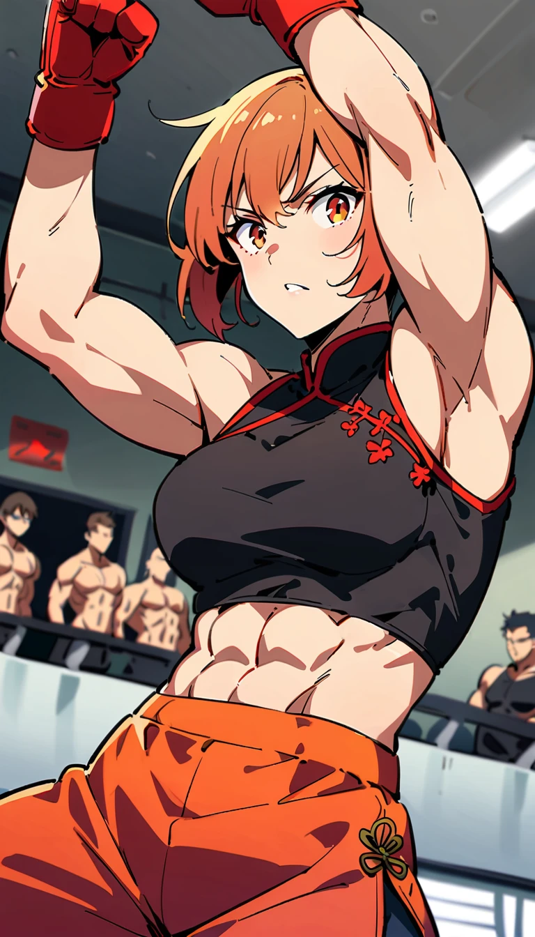 Boxing Match between muscular woman and doing a high kick, six pack, no men in background , Chinese dress crop top,  and leggings ,portrait, empty dojo background 