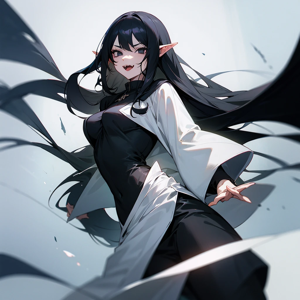 Girl with long black hair, black eyes, elf ears, holding a sycthe in one hand, fangs, wearing a black and white suit