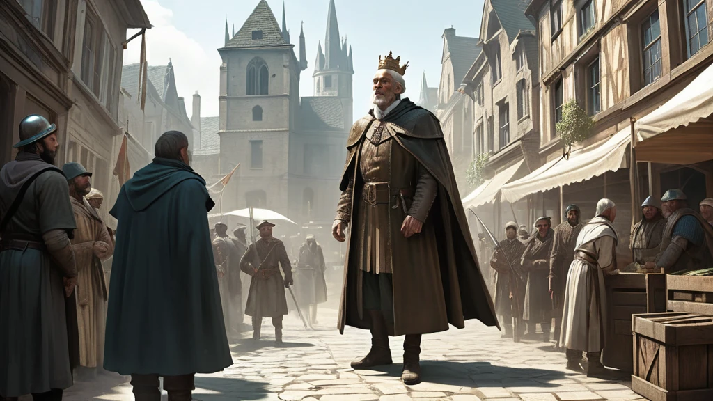 Amidst the clamor of the marketplace, a town crier's voice rises above the din. Clad in weathered leather and a worn cloak, he stands on a wooden crate, clearing his throat for attention. With a flourish, he unfurls a parchment and begins to read aloud, his words echoing off the ancient stone buildings. The crowd gathers, curiosity piqued, as he announces news of impending taxes, a royal decree, or perhaps a proclamation of war. The atmosphere crackles with anticipation and apprehension, every ear straining to catch every word as the fate of the city hangs in the balance.