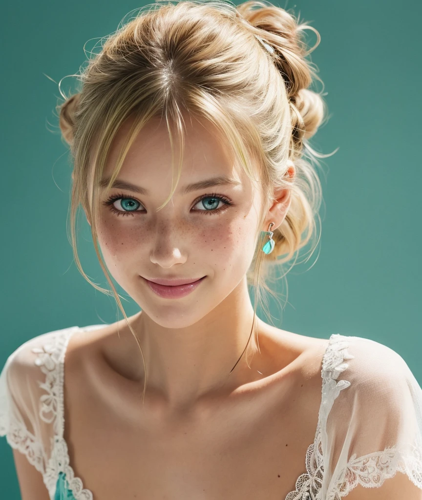 watercolor sketch of beautiful female, looking at camera, centered portrait head and shoulders, beauty, slim perfect face, natural look, playmate, blonde, hair tied in a bun, supermodel , color sketch, freckled skin, cyan eyes, archaic smiling, see-through light green lace brassiere, in photo studio