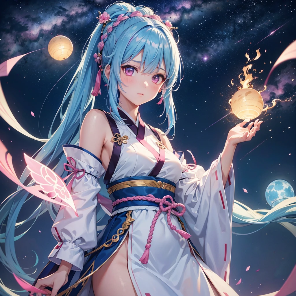 Sky blue hair, Braided Ponytail,(Pink Eyes),Fair skin ,(whole body),(One girl),Hanfu,The goddess,Tanabata,(A beautiful Milky Way in the night sky),Hollow Eyes,Straight bangs,(masterpiece, Highest quality, Very detailed, Best Shadow), (Detailed Background), (Beautifully detailed face), High Contrast, (Best lighting, Very delicate and beautiful), ((Cinematic Light)), colorful, Hyper Detail, Dramatic Light, Intricate details,
