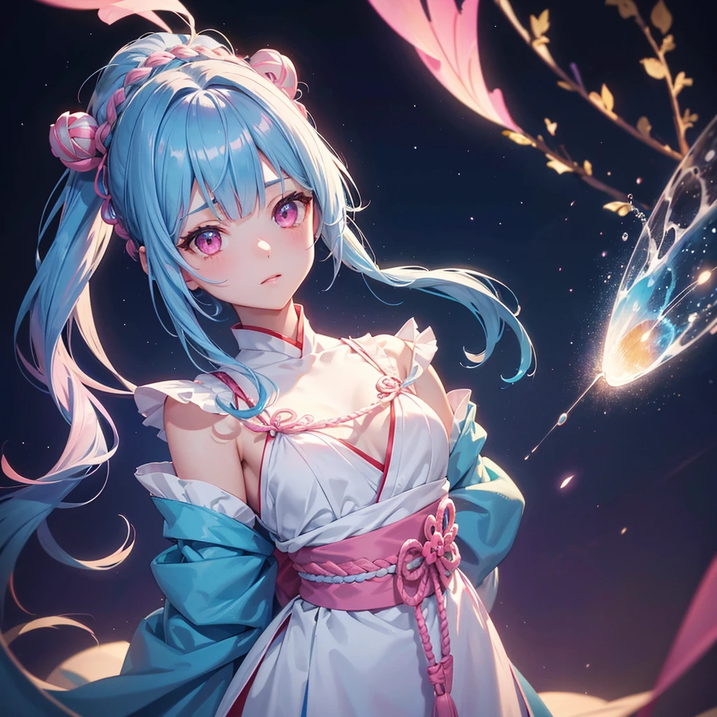 Sky blue hair, Braided Ponytail,(Pink Eyes),Fair skin ,(whole body),(One girl),Hanfu,The goddess,Tanabata,(A beautiful Milky Way in the night sky),Hollow Eyes,Straight bangs,(masterpiece, Highest quality, Very detailed, Best Shadow), (Detailed Background), (Beautifully detailed face), High Contrast, (Best lighting, Very delicate and beautiful), ((Cinematic Light)), colorful, Hyper Detail, Dramatic Light, Intricate details,