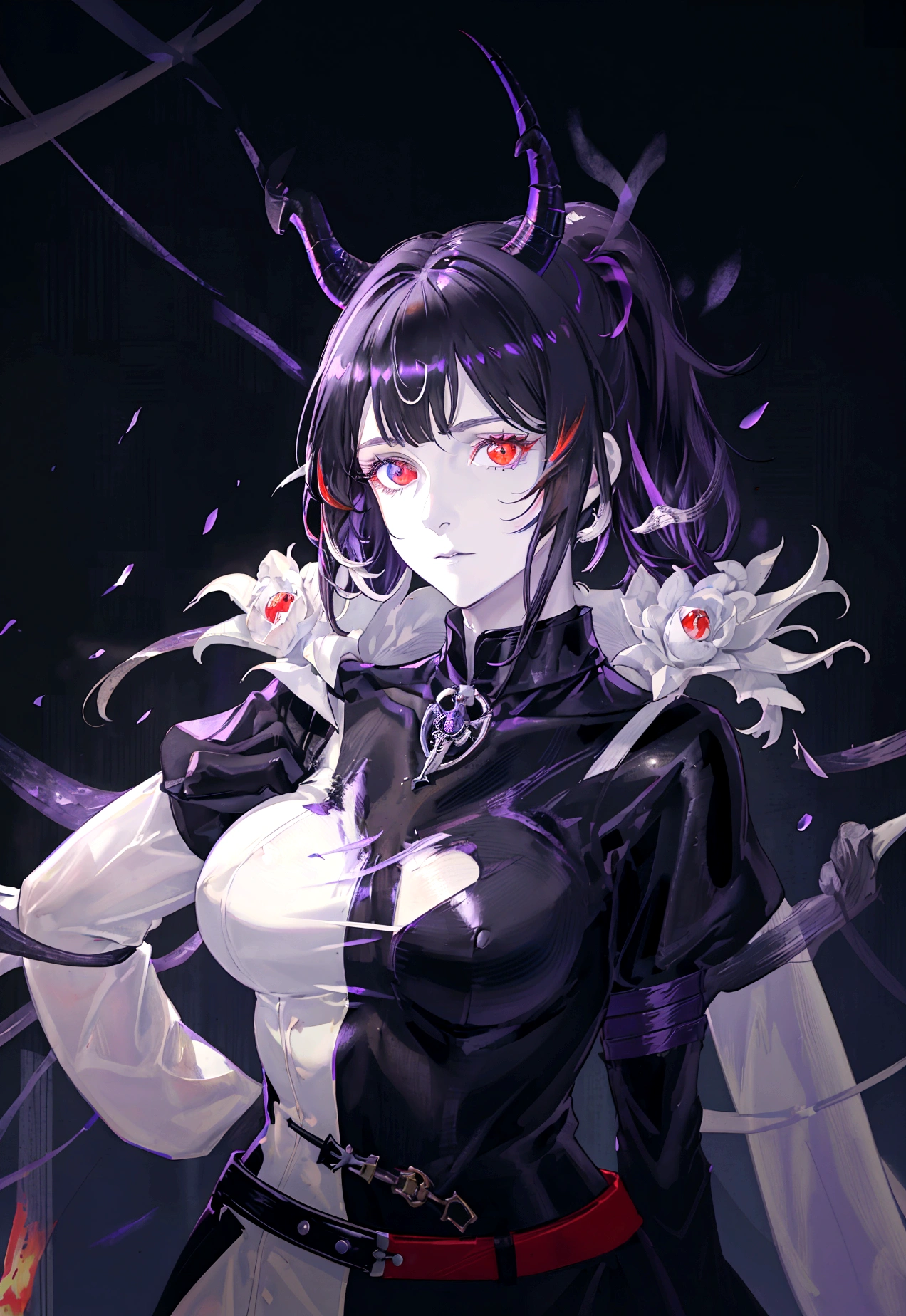 Tall mature woman, indifferent cold expression, heterochromia, purple and pale red eyes, black hair gathered in a high ponytail, open bodysuit outfit, marshal's uniform, belts, white and black clothes, goddess, divine light, pale complexion, goddess, dragon horns and tail, middle strong physique