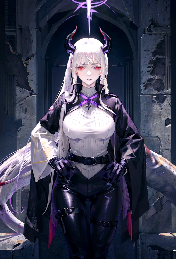 Tall mature woman, indifferent cold expression, heterochromia, purple and pale red eyes, black hair gathered in a high ponytail, open bodysuit outfit, marshal's uniform, belts, white and black clothes, goddess, divine light, pale complexion, goddess, dragon horns and tail, middle strong physique