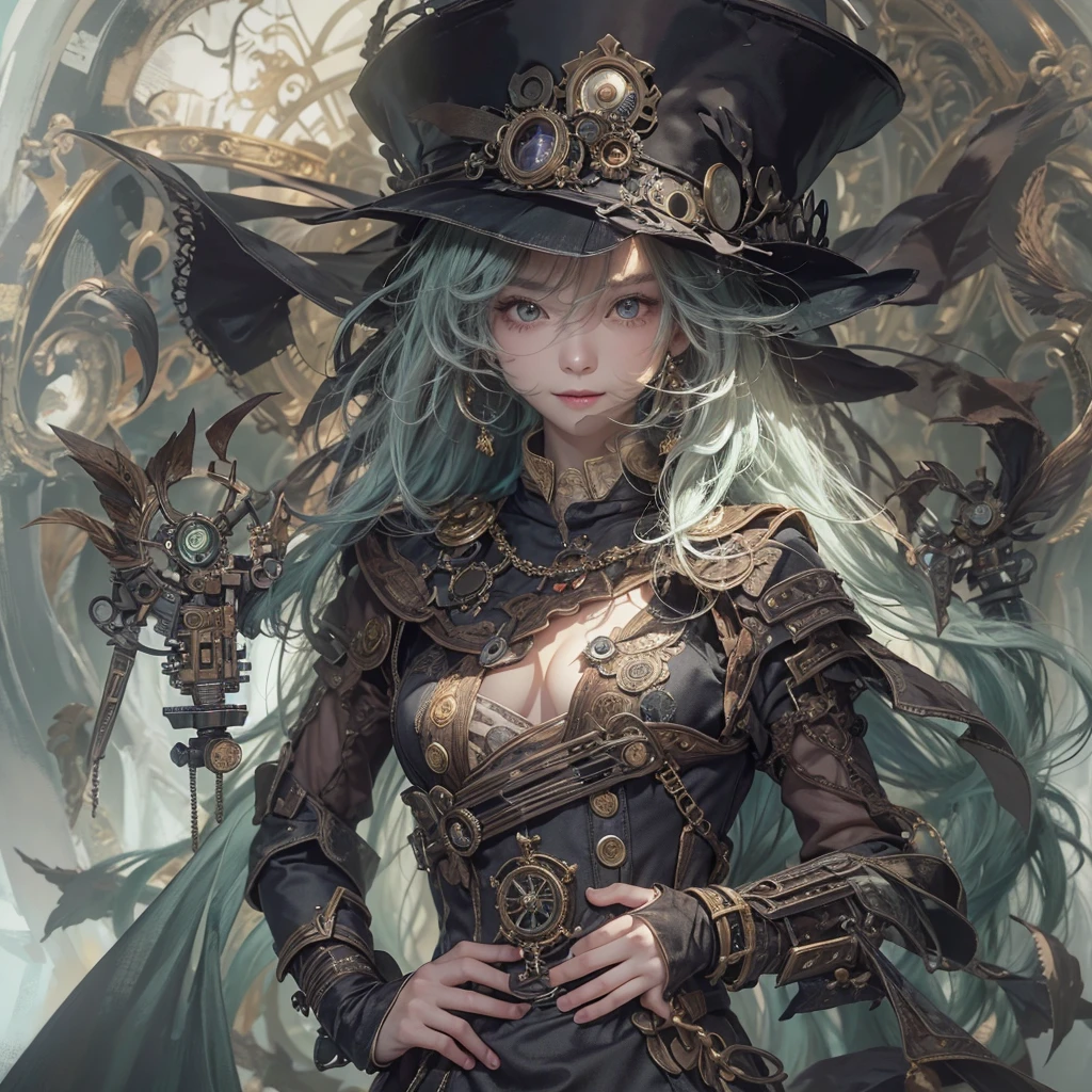 Standing in the grave、Hair flow、 ((Highest quality、masterpiece、8K、Best image quality、Ultra-high resolution、Award-winning works)、(Accurate anatomy:1.1)、(Look at me and smile:1.1)、Shining fair skin with Ultra-high resolution、The most detailed face、Ultra-high resolution detailed face、Ultra-high resolutionの髪の毛、(Ultra-high resolution eye:1.1)、Beautiful face drawn in every detail、Steampunk costumes, Chest to chest, Strange atmosphere, Ghosts flow, Dark Light, At the Cemetery, Heavy makeup